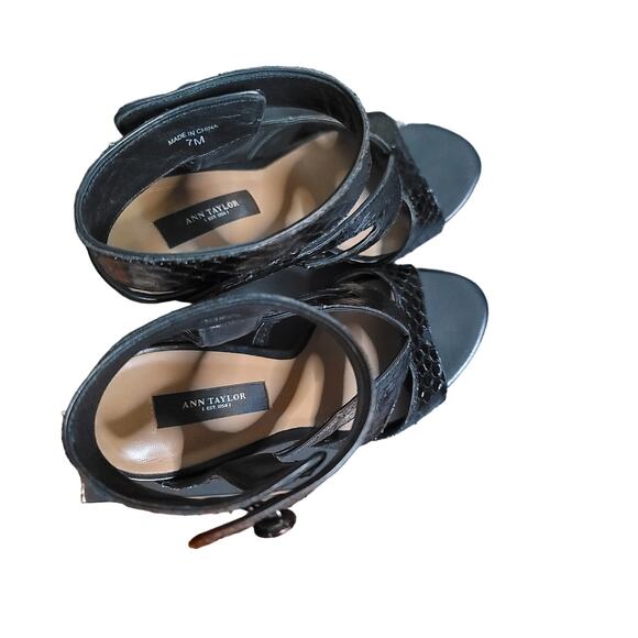 Ann Taylor Payton Leather Sandals 7 Black Ankle Strap Stiletto Heels Open Toe - Picture 6 of 8